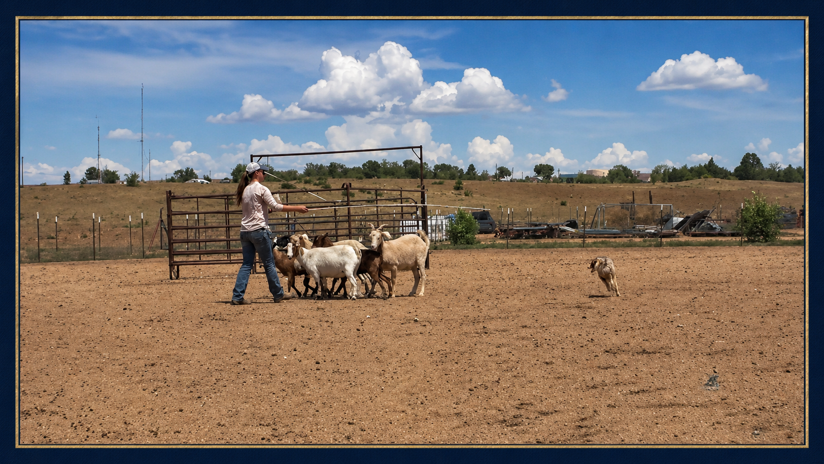 Handler, dog, and goats working in an outdoor PSR stockdog training space.